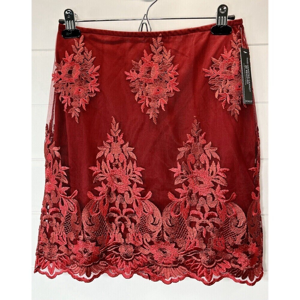 Venus Embroidered Lace Red Mini Lined Skirt Romantic Goth Fairy Sz 8